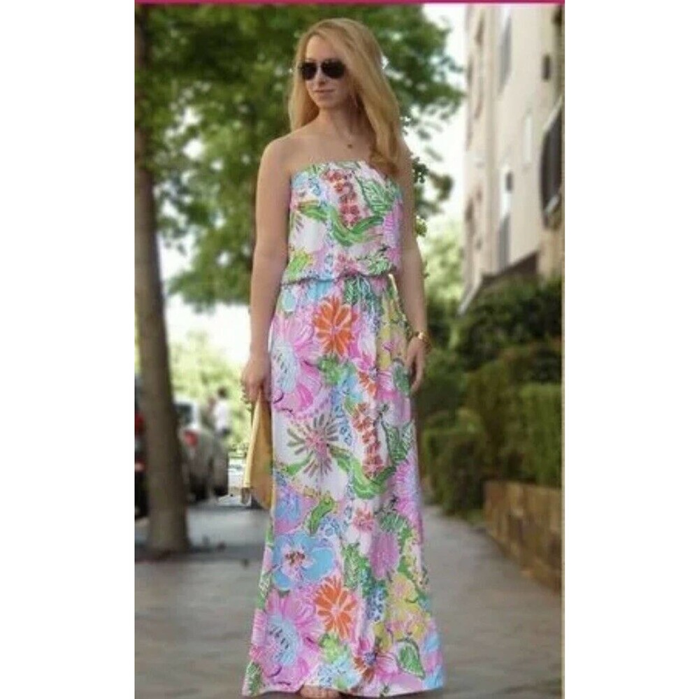 XXL Lilly Pulitzer Target Nosey Posey Maxi Dress hidden Cats Strapless EUC